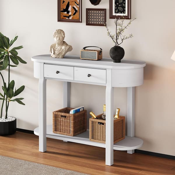 40 in. Antique White Oval Wood Console Table with Curved Design and Smooth Glaze for Entryways