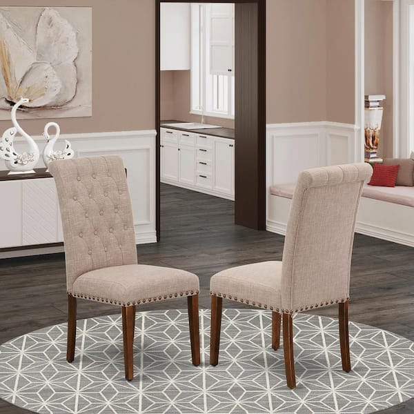 East West Furniture Mahogany, Parson Dining Room Chairs-Button Tufted Nailhead Trim-Light Tan Linen Fabric Padded Chairs (Set Of 2)
