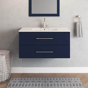 Napa 36 in. W x 18 in. D Single Sink Bathroom Vanity Wall Mounted In Navy Blue With Ceramic Integrated Countertop