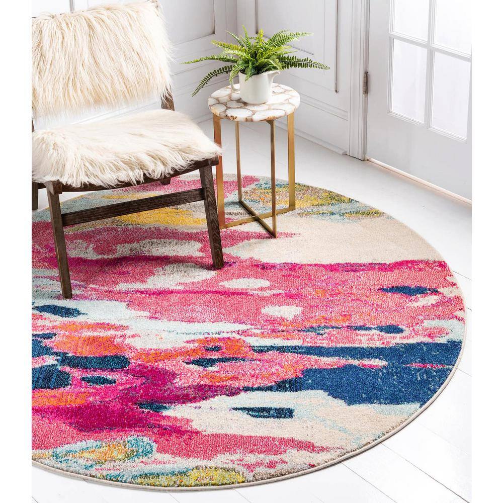Vibrant Abstract Round Synthetic Rug in Pink & Blue, 6ft