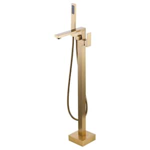 Brass Single-Handle Freestanding Tub Faucet Floor Mounted Tub Filler with Diverter and Hand Shower in Gold
