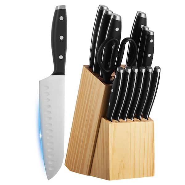 Kitchen Knife Set with Block and Sharpener, Ergonomic Handle Sharpening Rod and Wooden Block 15 Piece Stainless Steel
