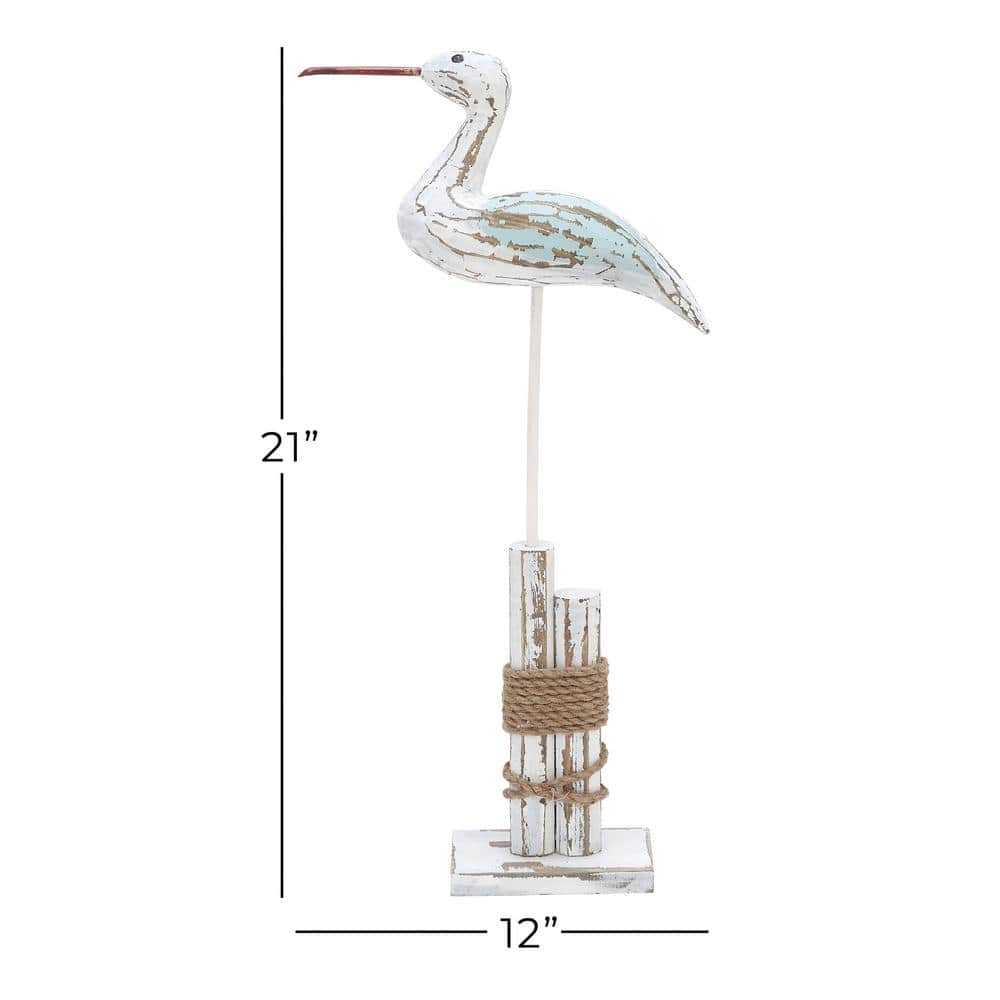 21" White Distressed Wood Bird Sculpture with Jute Trim