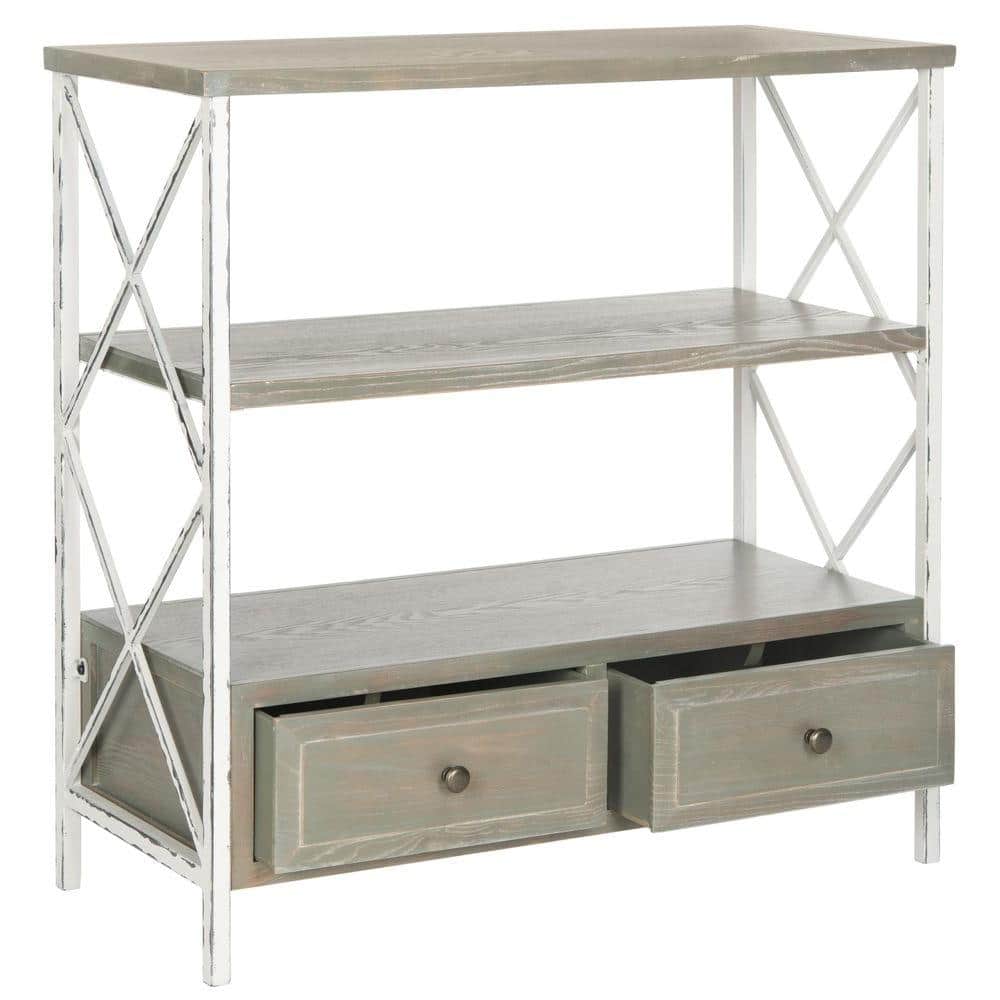 Transitional Ash Grey and White Smoke Metal-Wood Console with Dual Storage