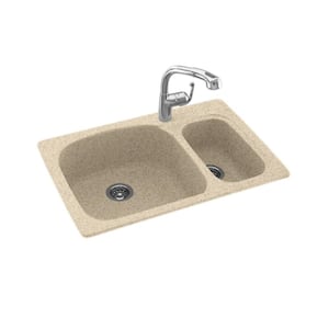 Dual-Mount Solid Surface 33 in. x 22 in. 1-Hole 70/30 Double Bowl Kitchen Sink in Bermuda Sand