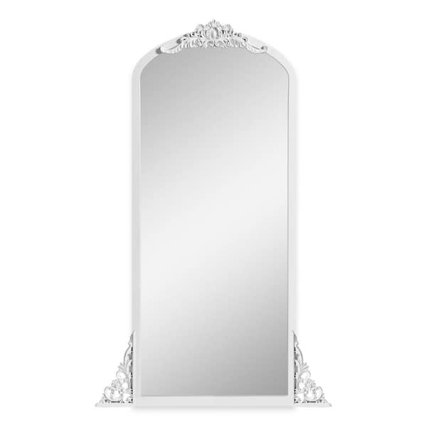 Lirago Rustic Arched 21 in. W x 64 in. H Solid Wood Framed DIY Carved Full Length Mirror in White