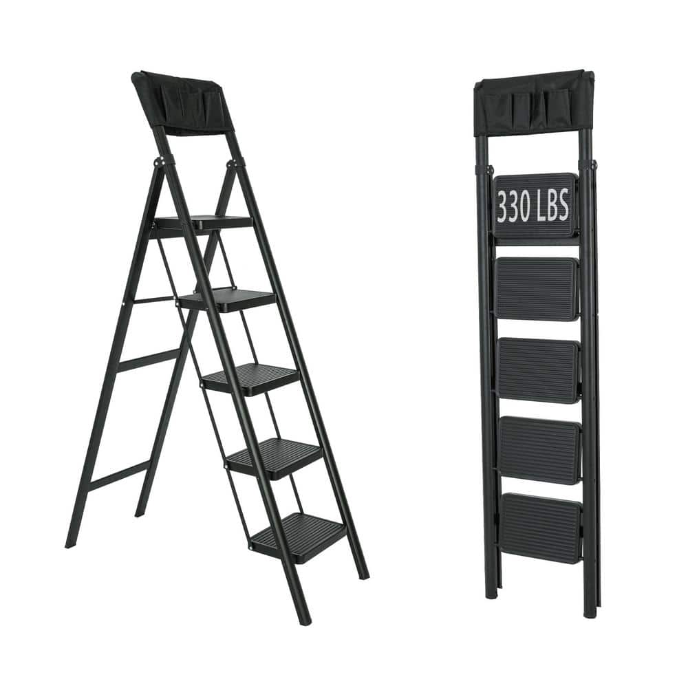 5 ft. Reach 5-Step Iron Foldable Ladder with Tool Bag Load-Bearing 330 lbs. for Home Office Indoor and Outdoor, in Black price history on PriceWatchPro