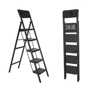 5 ft. Reach 5-Step Iron Foldable Ladder with Tool Bag Load-Bearing 330 lbs. for Home Office Indoor and Outdoor, in Black