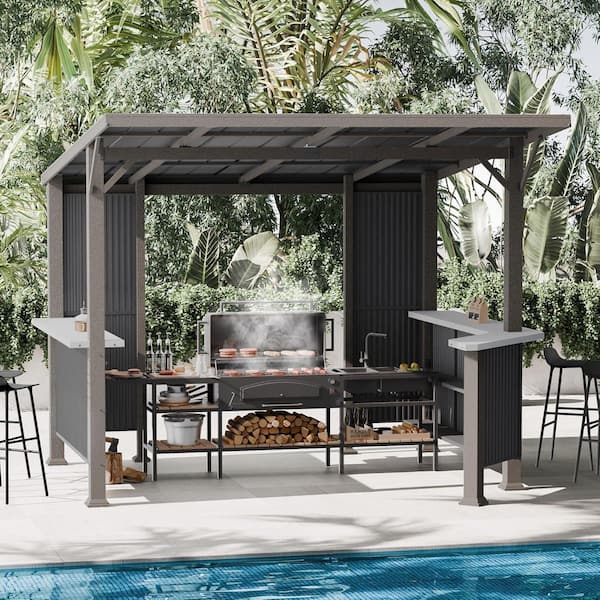 Halmuz 10 ft. x 10 ft. Black Hardtop Grill Canopy with Independent