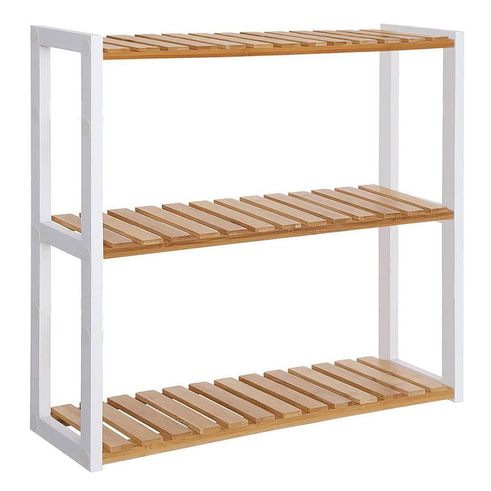 Natural Bamboo and White Adjustable 3-Tier Utility Shelf