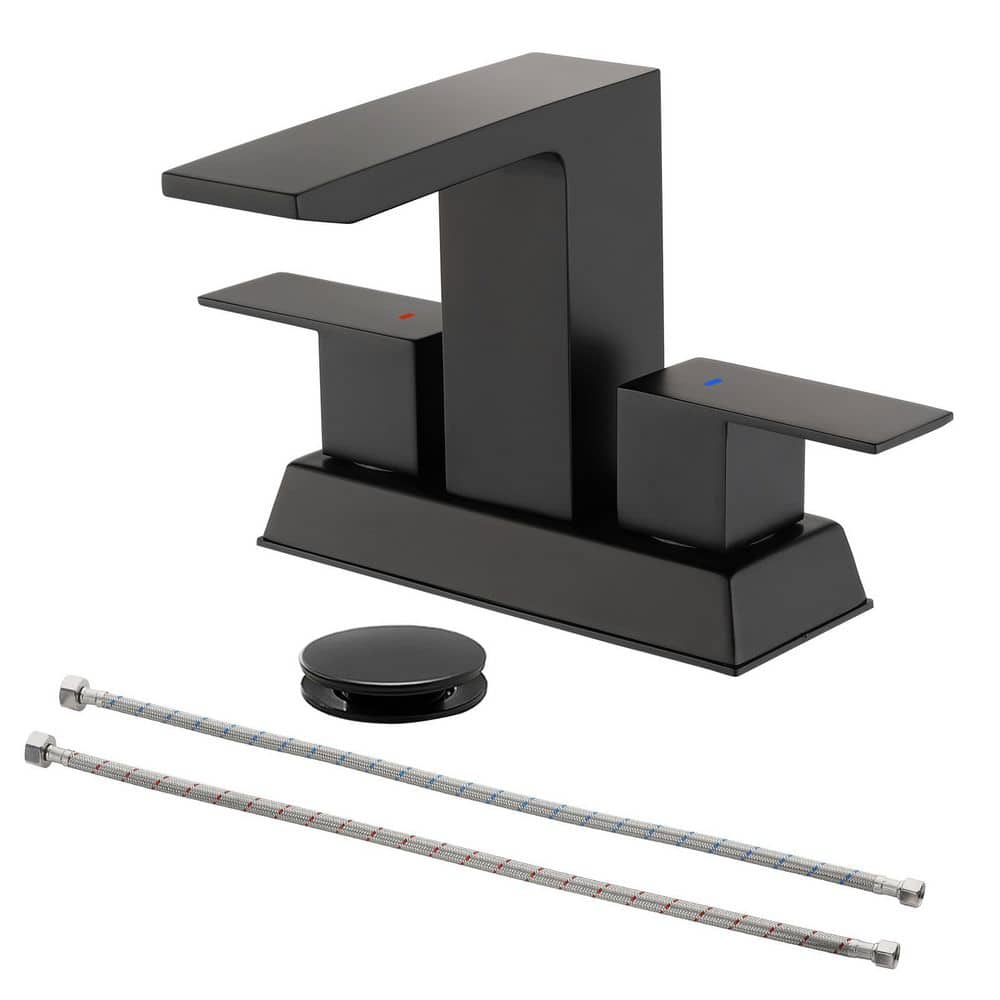 4 in. Centerset Double Handle, Square Bathroom Faucet with Drain Kit, Squar