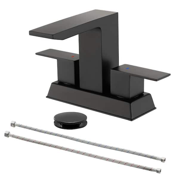 PERLIRIA INC 4 in. Centerset Double Handle, Square Bathroom Faucet with Drain Kit, Square Bathroom Sink Faucet in Matte Black
