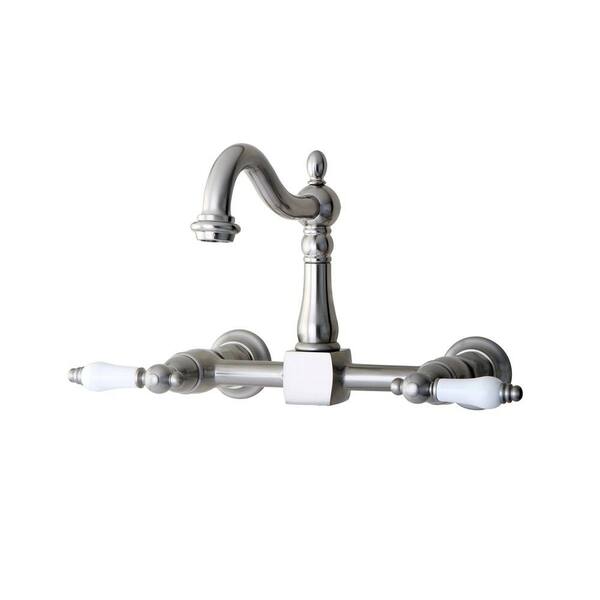 Kingston Brass Victorian Porcelain Lever 2-Handle Wall-Mount Kitchen Faucet in Brushed Nickel