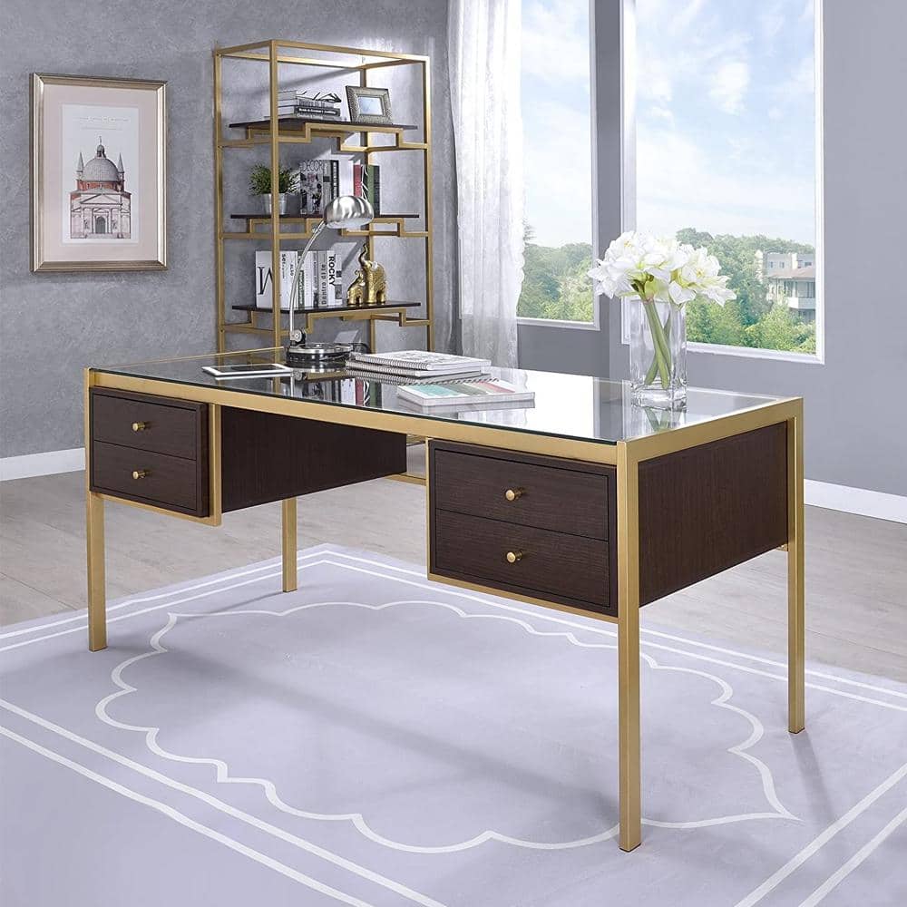 Gold and Espresso Glass Executive Desk with Drawers