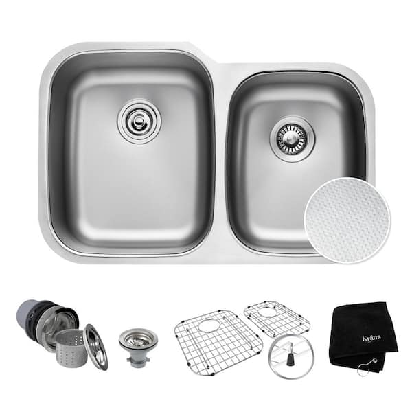 KRAUS Premier Kitchen 32 in. Undermount 60/40 Double Bowl 16 Gauge Stainless Steel Kitchen Sink with Accessories