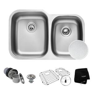 Outlast Microshield Undermount Stainless Steel 32 in. 60/40 Double Bowl Kitchen Sink Kit