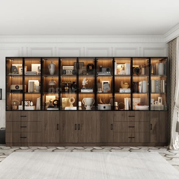 3-in-1 Brown Wood Storage Cabinet Combination Kitchen Cabinet with Glass Doors, Drawers, LED Lights, Adjustable Shelves