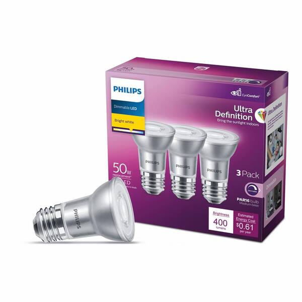 Philips 50-Watt Equivalent PAR16 Ultra-Definition Dimmable E26 LED Light Bulb Bright 3000K (3-Pack) 570762 - The Home Depot