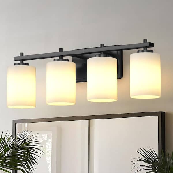 24 in. 4-Light Bathroom Vanity Light with Black Iron Frame and Frosted Glass Shade
