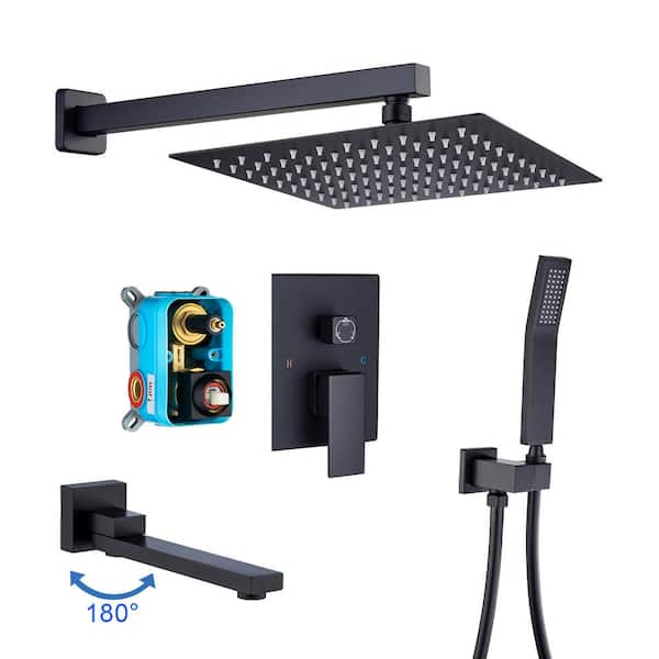 RAINLEX 10 in. Shower Head 2-Handle 1-Spray Square High Pressure Shower Faucet with Tub Spout in Matte Black (Valve Included)