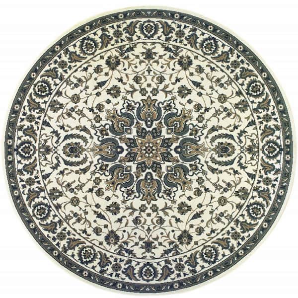 Ivory, Blue 8 ft. x 8 ft. Loomed Oriental Polypropylene Round Indoor/Outdoor Area Rug