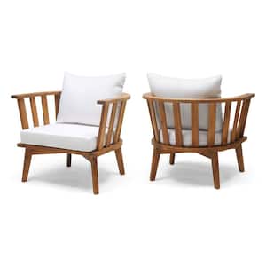 Solano Teak Brown Removable Cushions Wood Outdoor Patio Lounge Chairs with White Cushions (2-Pack)