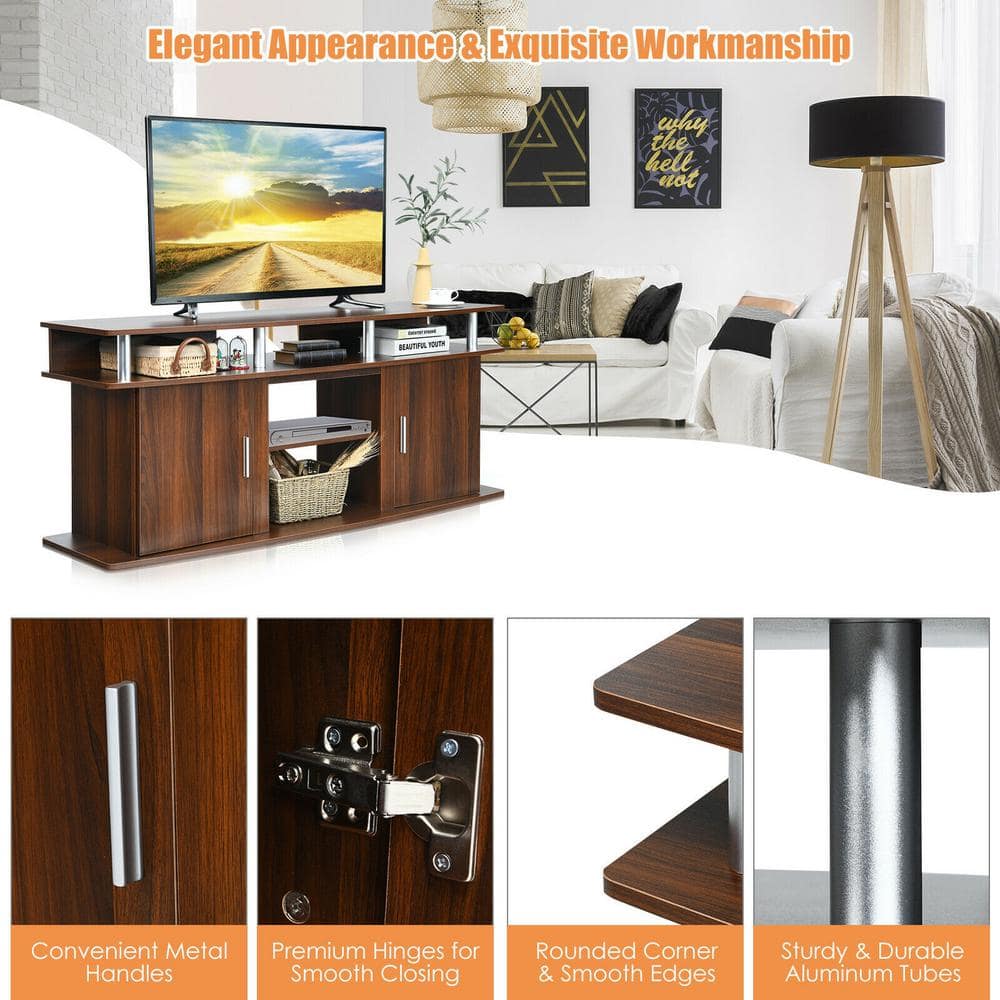 Walnut 63 Inch TV Stand with Cabinets and Fireplace Option