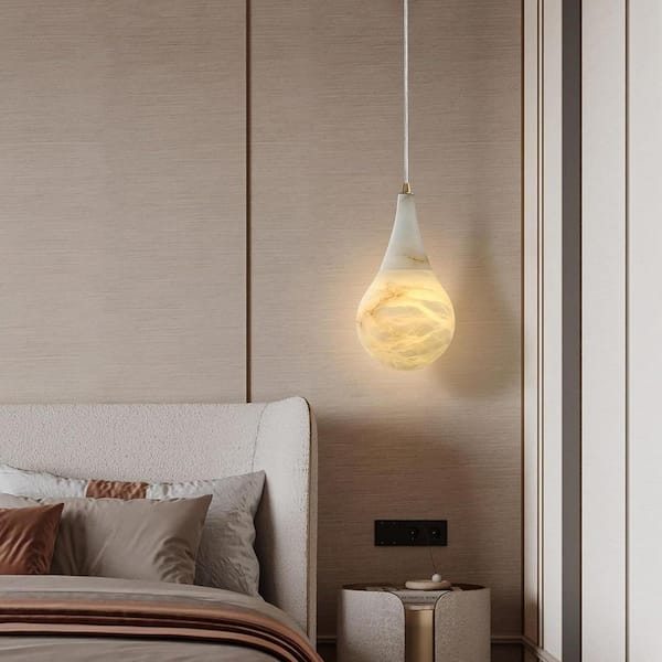 1-Light White Natural Alabaster Chandelier, Raindrop Marble Shade, Modern Pendant Ceiling Light (No Bulb Included)