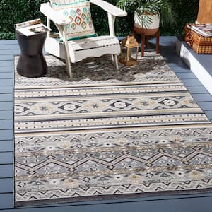 Sunrise Gray/Beige Black 7 ft. x 7 ft. Striped Geometric Reversible Indoor/Outdoor Square Area Rug