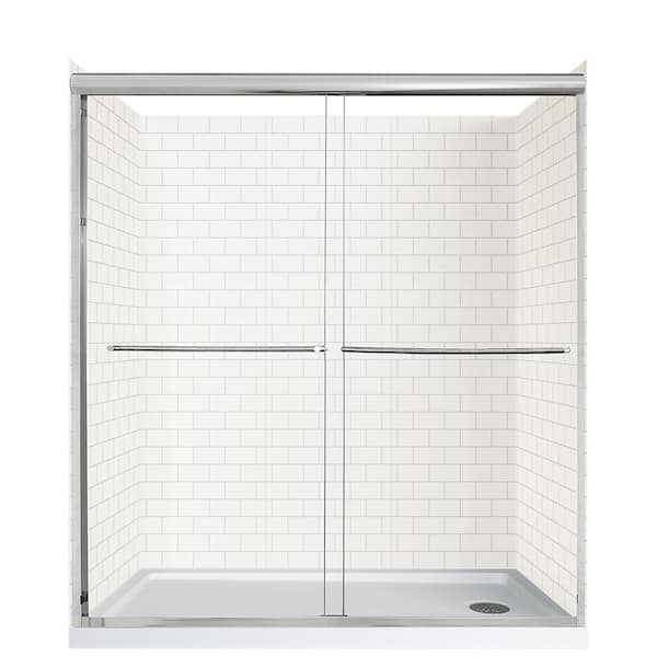 CRAFT + MAIN Cove Sliding 60 in. L x 32 in. W x 78 in. H Right Drain Alcove Shower Stall Kit in White Subway and Silver Hardware