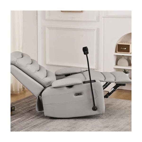 28 in. Straight Arm Faux Leather Rectangle Sofa in Grey/Power Swivel Glider Recliner Chair with Cup Holders