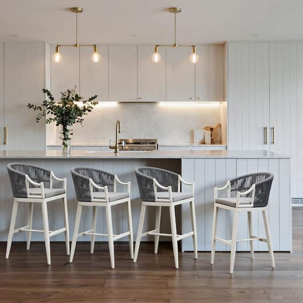 Modern Patio Wicker Metal Outdoor Bar Stool with Cushion, Backs and Ergonomic Armrest Balcony Garden Kitchen(4-Pack)