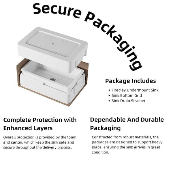 32 in. Drop In/ Undermount Kitchen Sink Single Bowl, White Fireclay Undermount Kitchen Sink, Grid and Drain Kit Included