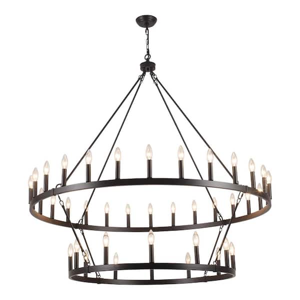28+12-Light Matte Black 2 Tier Wagon Wheel Chandelier for Living Room Foyer with No Bulbs Included