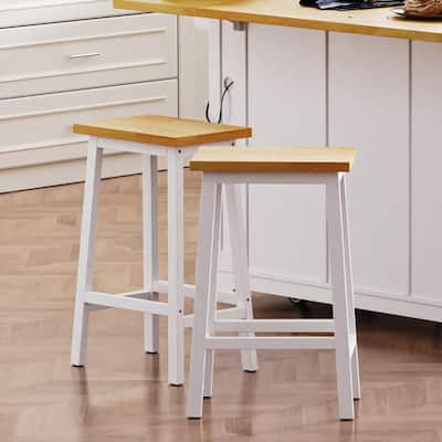 25.6 in. H White Backless Solid Wood Bar Stool with Rubber Wood Seat (Set of 2)