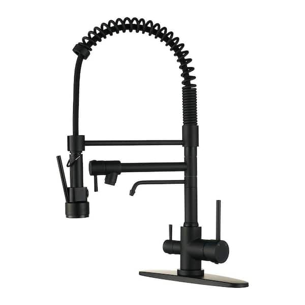 Brass Triple Handle 20 in. H 360° Swivel Pull Down Sprayer Kitchen Faucet with Water Filter Faucet Combo in Matte Black