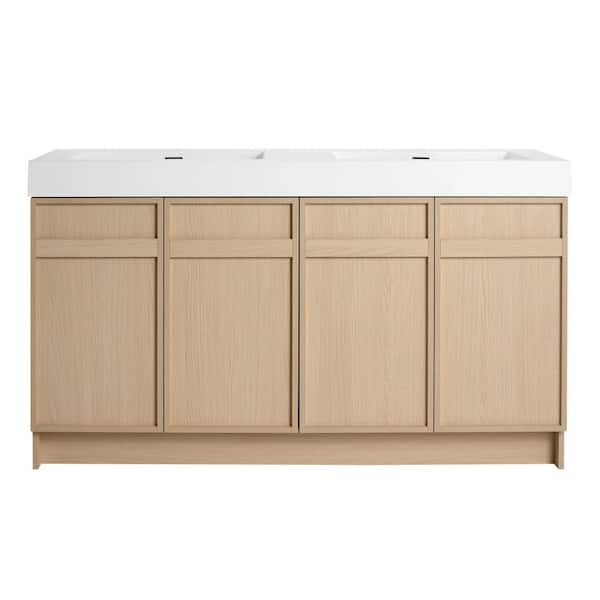 60 in. Double Sink Freestanding Oak Bath Vanity with White Resin Top, Adjustable Shelf, 4 Soft-Close Cabinet Doors