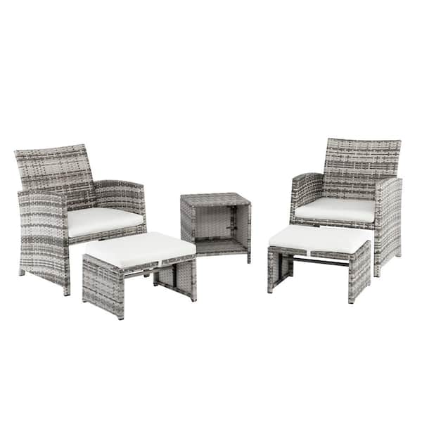 Karl home Grey 5-Piece Wicker Patio Conversation Set with White Cushions