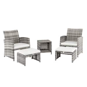 Grey 5-Piece Wicker Patio Conversation Set with White Cushions
