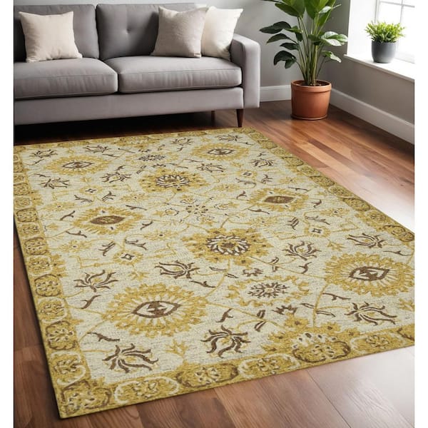 5 ft. x 8 ft. Gold Beige and Brown Wool Floral Medallion Hand Hooked Area Rug
