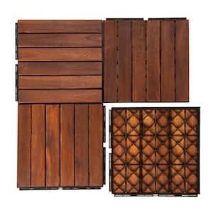 30 PCS Interlocking Deck Tiles Striped Pattern, 12" x 12" Square Acacia Wood Outdoor Flooring for Patio, Brown