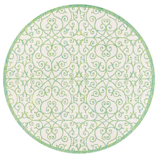 Madrid Vintage Filigree Textured Weave Cream/Green 5 ft. Round Indoor/Outdoor Area Rug