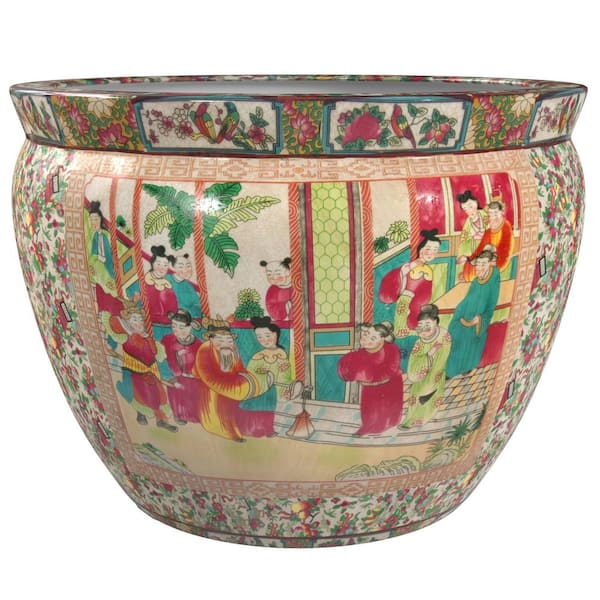 Oriental Furniture 16 in. Rose Medallion Porcelain Fishbowl
