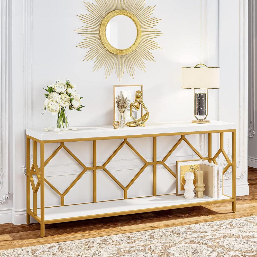 White and Gold 71" Wood and Metal Console Table with Storage