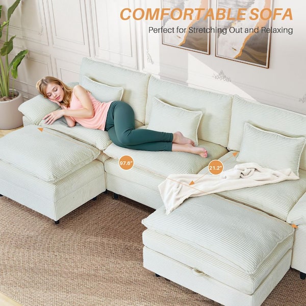 Cozy 118.8 in. Pillows Armrests 5-Piece U-Shaped Corduroy Modular Sectional Sofa Couch in. Beige with 2-Storage Ottomans