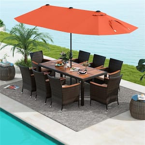 Brown 11-Piece Metal Rectangle 29 in. Outdoor Dining Set with 15 ft. Orange Double-Sided Patio Umbrella in Beige Cushion