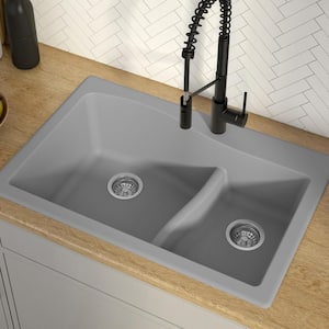 Quarza Drop-in/Undermount Granite Composite 33 in. 1-Hole 60/40 Double Bowl Kitchen Sink in Grey