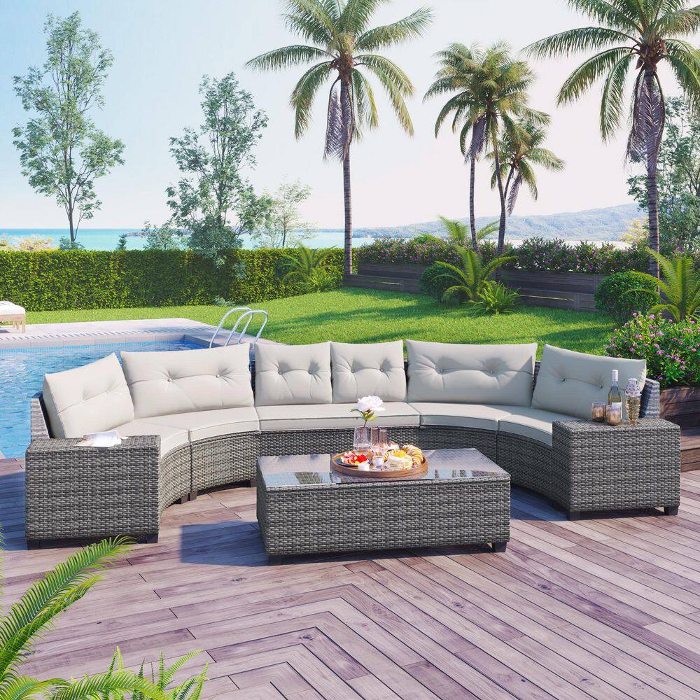 Vamop 8-piece beige rattan wicker outdoor sectional furniture set with a tempered glass table.