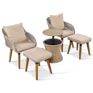 5-Piece Outdoor Patio Brown Wicker Furniture Chair Set with 1 Wicker Cooler Bar, 2-Stools and Cushions