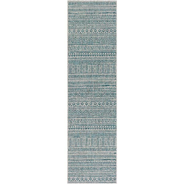 Eartha Aqua/Taupe 2 ft. 7 in. x 12 ft. Runner Rug Trellis Indoor/Outdoor Patio Area Rug